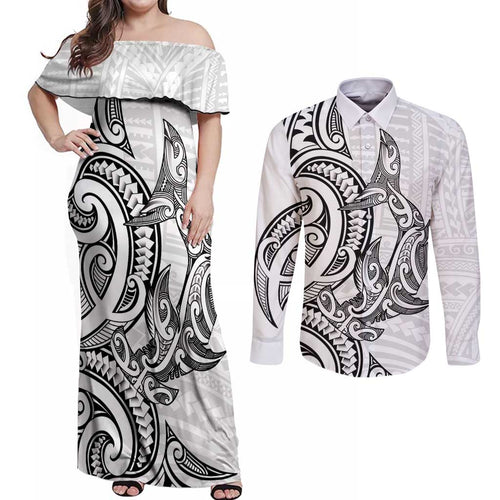 New Zealand Hammerhead Shark Couples Matching Off Shoulder Maxi Dress and Long Sleeve Button Shirt Maori Haehae Mangopare White - Aussie Hoodie