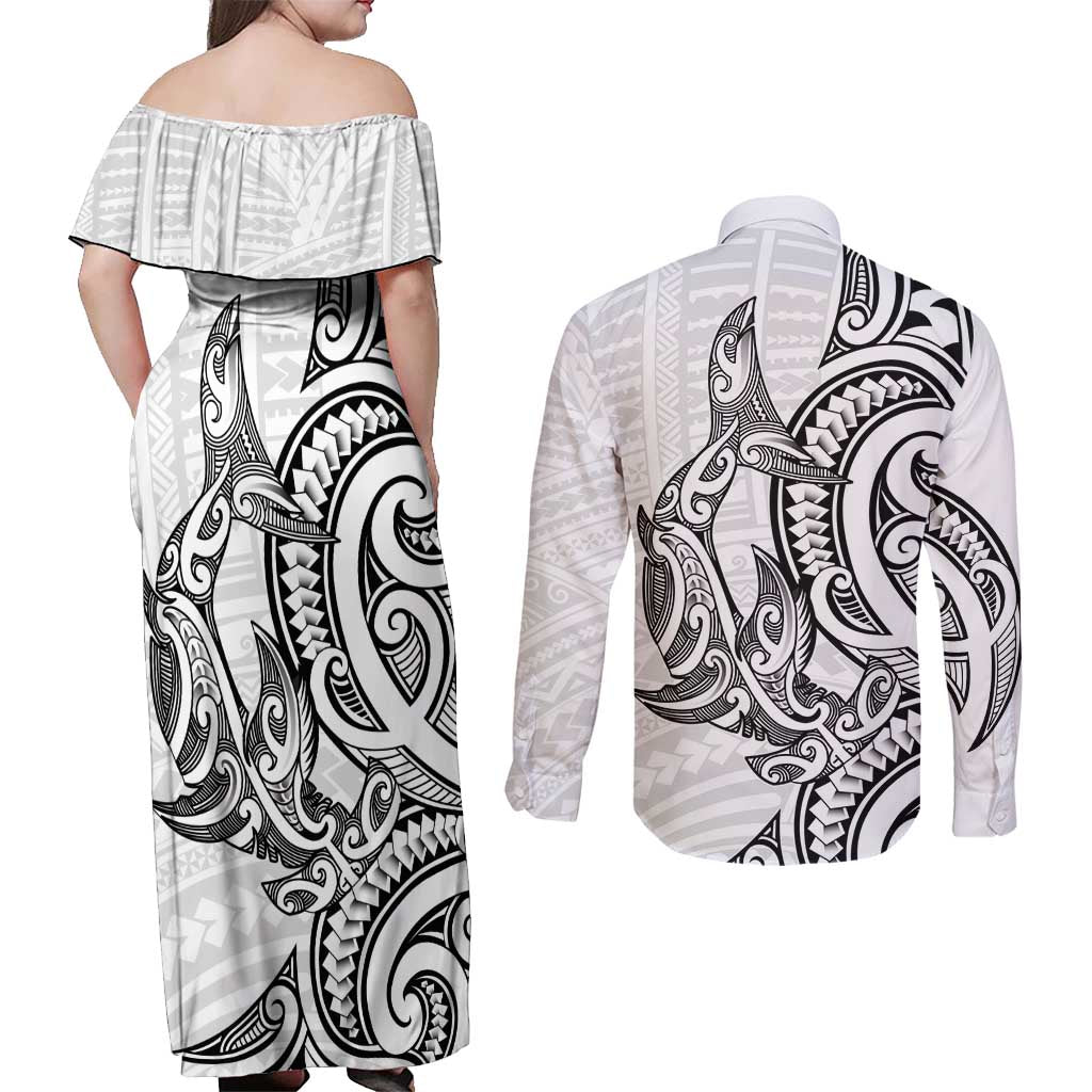 New Zealand Hammerhead Shark Couples Matching Off Shoulder Maxi Dress and Long Sleeve Button Shirt Maori Haehae Mangopare White - Aussie Hoodie