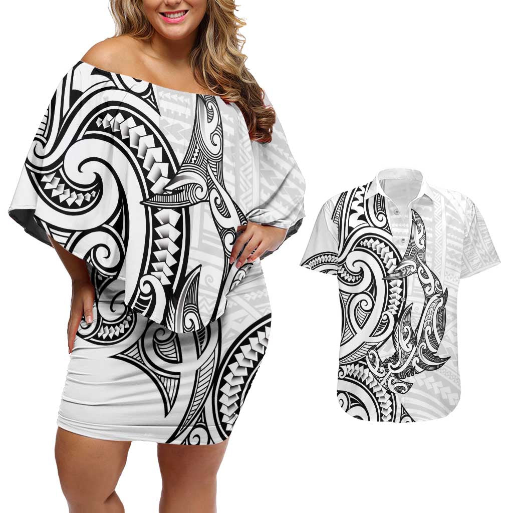 New Zealand Hammerhead Shark Couples Matching Off Shoulder Short Dress and Hawaiian Shirt Maori Haehae Mangopare White - Aussie Hoodie