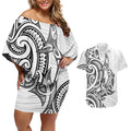 New Zealand Hammerhead Shark Couples Matching Off Shoulder Short Dress and Hawaiian Shirt Maori Haehae Mangopare White - Aussie Hoodie