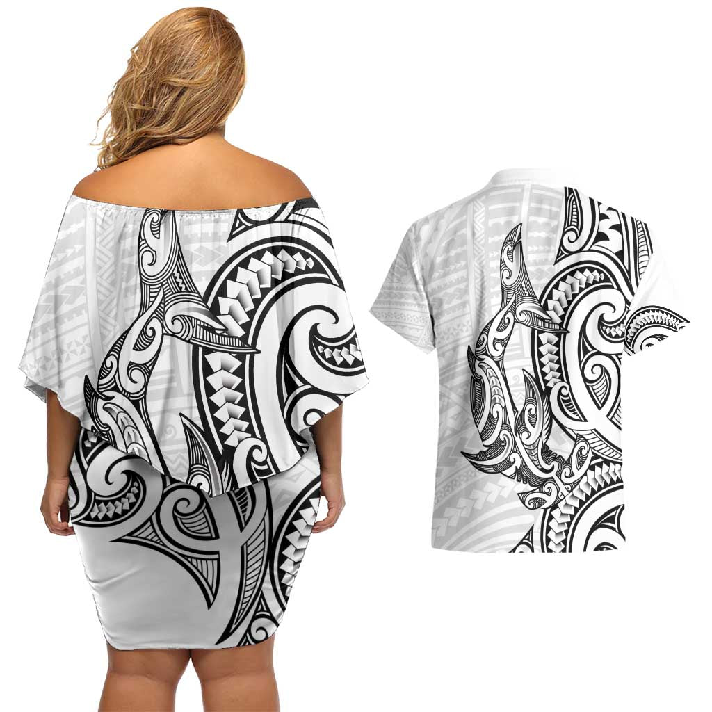 New Zealand Hammerhead Shark Couples Matching Off Shoulder Short Dress and Hawaiian Shirt Maori Haehae Mangopare White - Aussie Hoodie