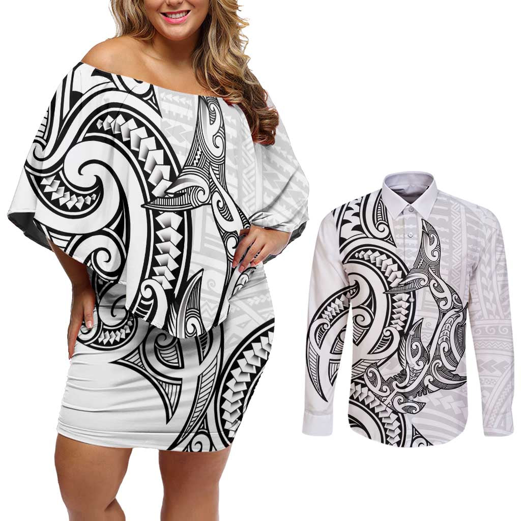 New Zealand Hammerhead Shark Couples Matching Off Shoulder Short Dress and Long Sleeve Button Shirt Maori Haehae Mangopare White - Aussie Hoodie