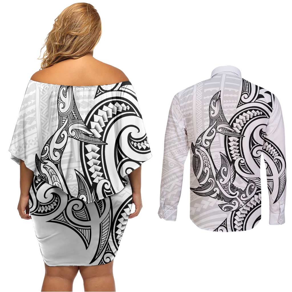 New Zealand Hammerhead Shark Couples Matching Off Shoulder Short Dress and Long Sleeve Button Shirt Maori Haehae Mangopare White - Aussie Hoodie