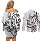 New Zealand Hammerhead Shark Couples Matching Off Shoulder Short Dress and Long Sleeve Button Shirt Maori Haehae Mangopare White - Aussie Hoodie