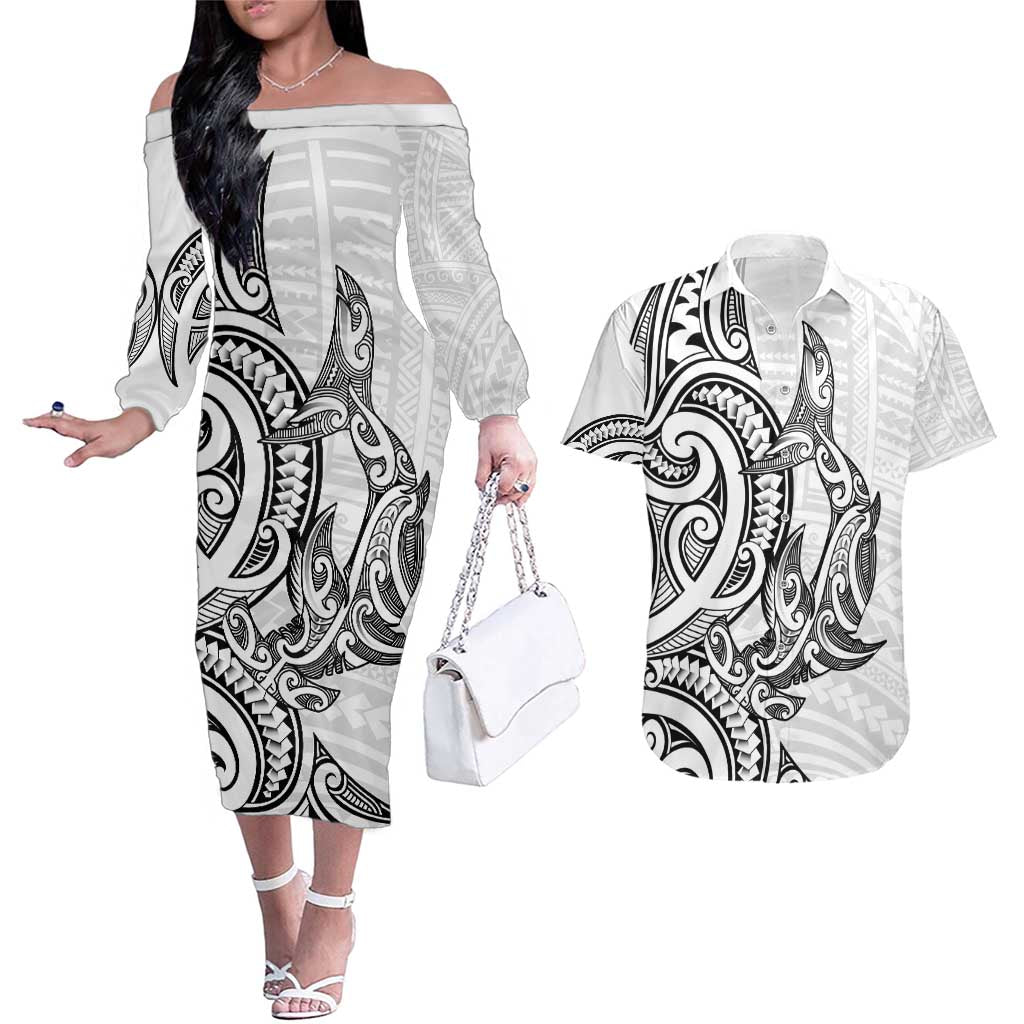 New Zealand Hammerhead Shark Couples Matching Off The Shoulder Long Sleeve Dress and Hawaiian Shirt Maori Haehae Mangopare White - Aussie Hoodie