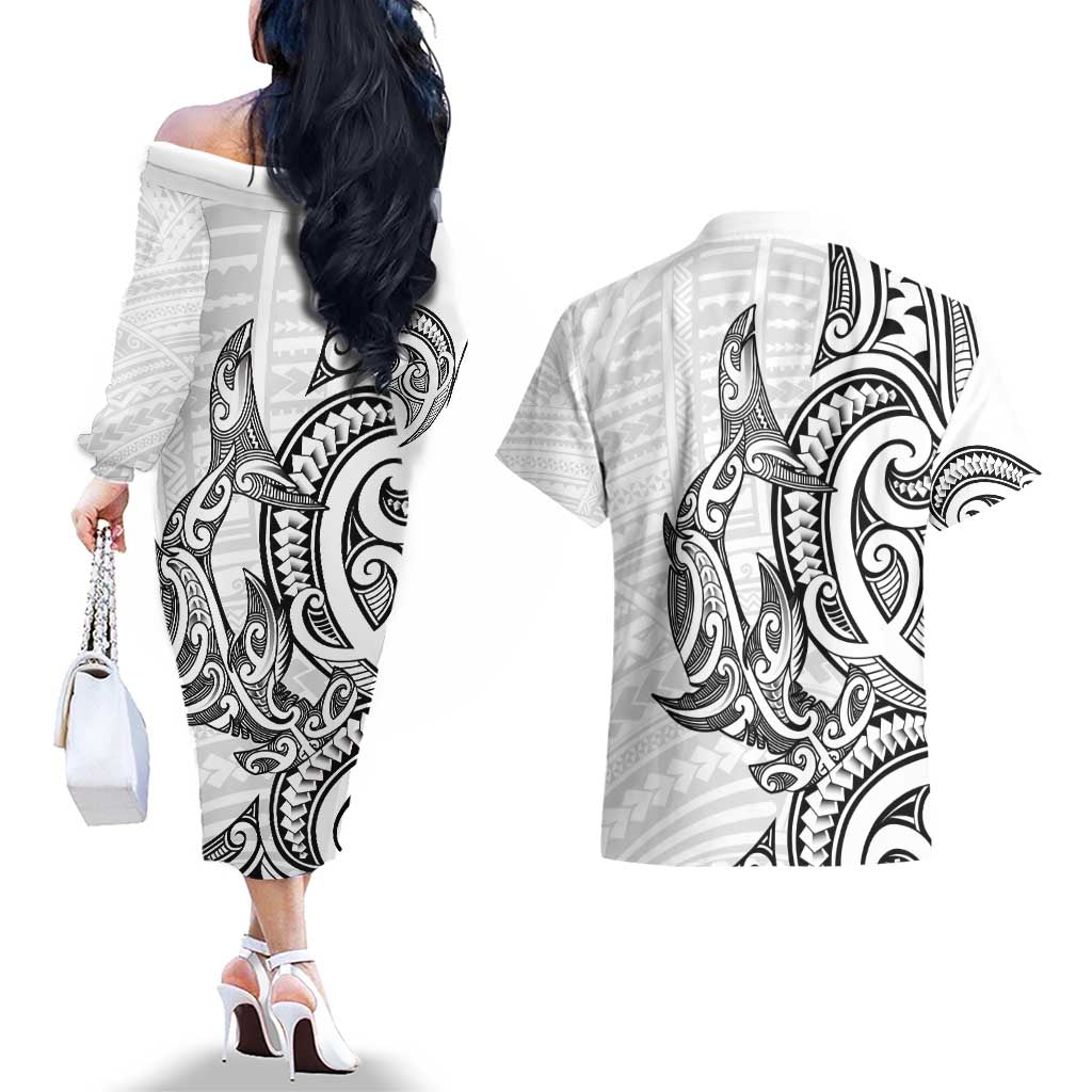 New Zealand Hammerhead Shark Couples Matching Off The Shoulder Long Sleeve Dress and Hawaiian Shirt Maori Haehae Mangopare White - Aussie Hoodie
