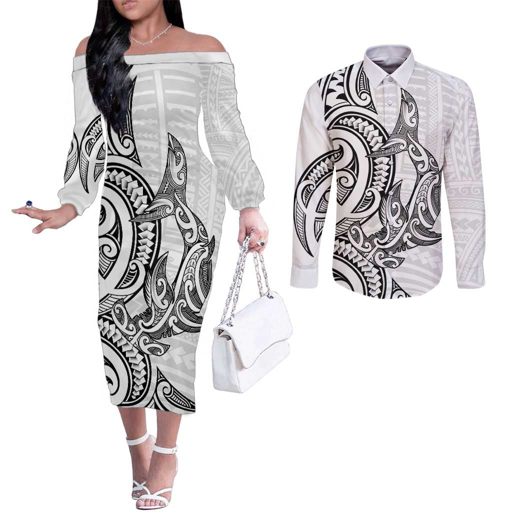 New Zealand Hammerhead Shark Couples Matching Off The Shoulder Long Sleeve Dress and Long Sleeve Button Shirt Maori Haehae Mangopare White - Aussie Hoodie