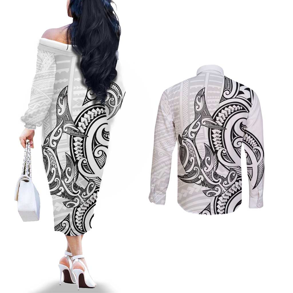 New Zealand Hammerhead Shark Couples Matching Off The Shoulder Long Sleeve Dress and Long Sleeve Button Shirt Maori Haehae Mangopare White - Aussie Hoodie