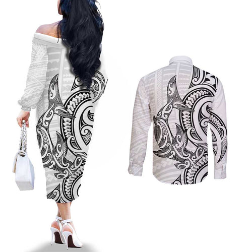 New Zealand Hammerhead Shark Couples Matching Off The Shoulder Long Sleeve Dress and Long Sleeve Button Shirt Maori Haehae Mangopare White - Aussie Hoodie