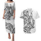 New Zealand Hammerhead Shark Couples Matching Puletasi and Hawaiian Shirt Maori Haehae Mangopare White - Aussie Hoodie