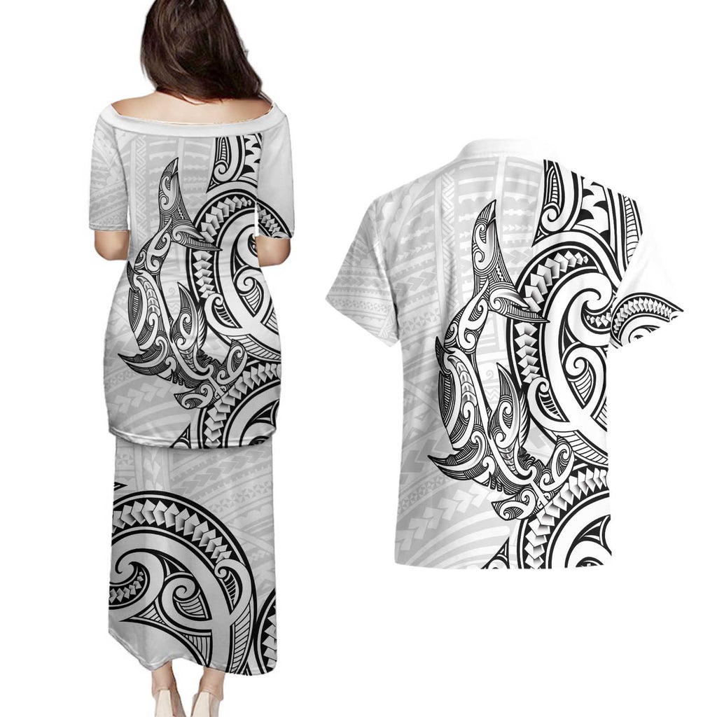 New Zealand Hammerhead Shark Couples Matching Puletasi and Hawaiian Shirt Maori Haehae Mangopare White - Aussie Hoodie