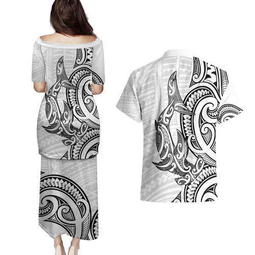 New Zealand Hammerhead Shark Couples Matching Puletasi and Hawaiian Shirt Maori Haehae Mangopare White - Aussie Hoodie