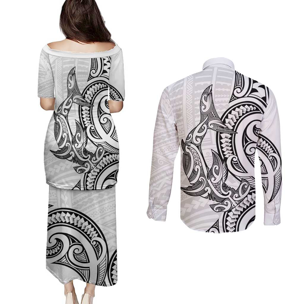 New Zealand Hammerhead Shark Couples Matching Puletasi and Long Sleeve Button Shirt Maori Haehae Mangopare White - Aussie Hoodie