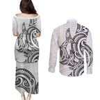 New Zealand Hammerhead Shark Couples Matching Puletasi and Long Sleeve Button Shirt Maori Haehae Mangopare White - Aussie Hoodie
