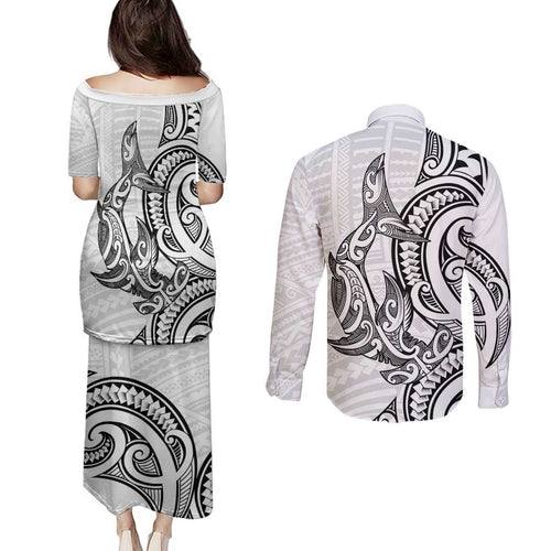 New Zealand Hammerhead Shark Couples Matching Puletasi and Long Sleeve Button Shirt Maori Haehae Mangopare White - Aussie Hoodie