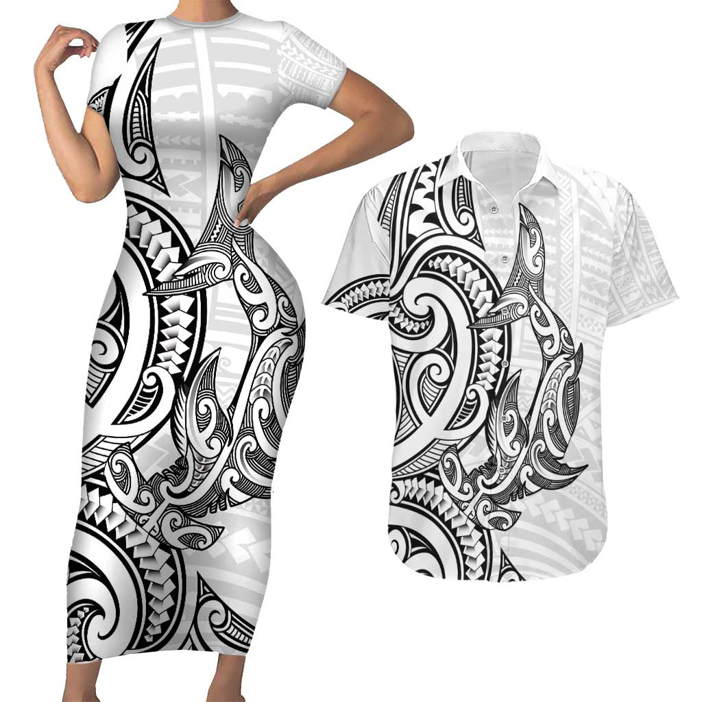 New Zealand Hammerhead Shark Couples Matching Short Sleeve Bodycon Dress and Hawaiian Shirt Maori Haehae Mangopare White - Aussie Hoodie