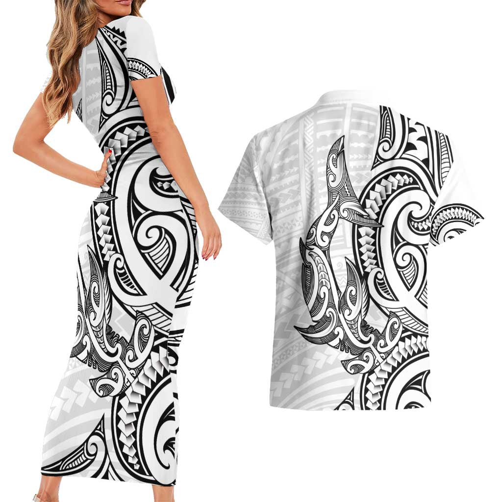 New Zealand Hammerhead Shark Couples Matching Short Sleeve Bodycon Dress and Hawaiian Shirt Maori Haehae Mangopare White - Aussie Hoodie