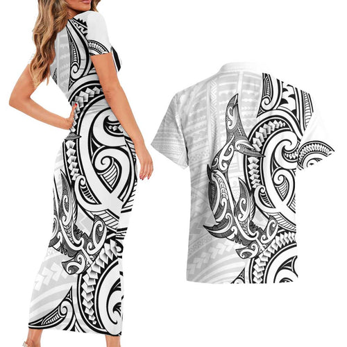 New Zealand Hammerhead Shark Couples Matching Short Sleeve Bodycon Dress and Hawaiian Shirt Maori Haehae Mangopare White - Aussie Hoodie