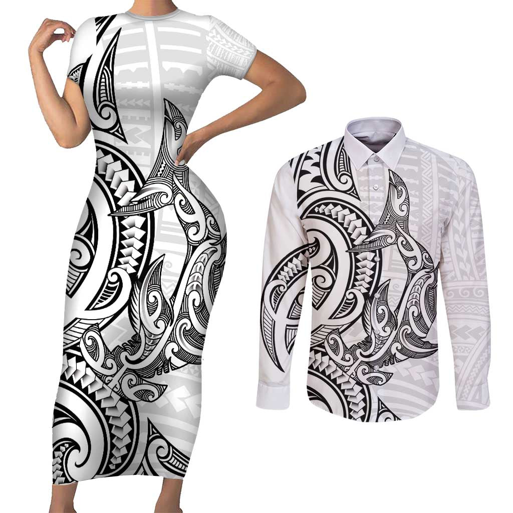 New Zealand Hammerhead Shark Couples Matching Short Sleeve Bodycon Dress and Long Sleeve Button Shirt Maori Haehae Mangopare White - Aussie Hoodie