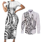 New Zealand Hammerhead Shark Couples Matching Short Sleeve Bodycon Dress and Long Sleeve Button Shirt Maori Haehae Mangopare White - Aussie Hoodie