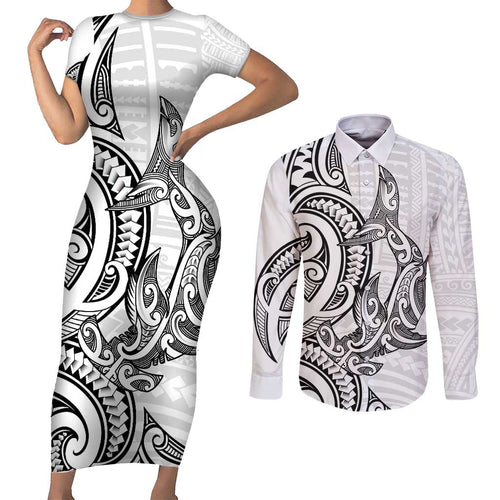 New Zealand Hammerhead Shark Couples Matching Short Sleeve Bodycon Dress and Long Sleeve Button Shirt Maori Haehae Mangopare White - Aussie Hoodie