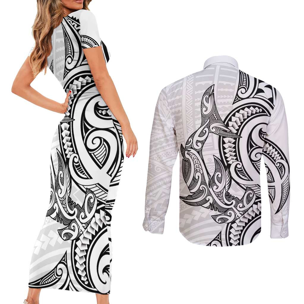 New Zealand Hammerhead Shark Couples Matching Short Sleeve Bodycon Dress and Long Sleeve Button Shirt Maori Haehae Mangopare White - Aussie Hoodie