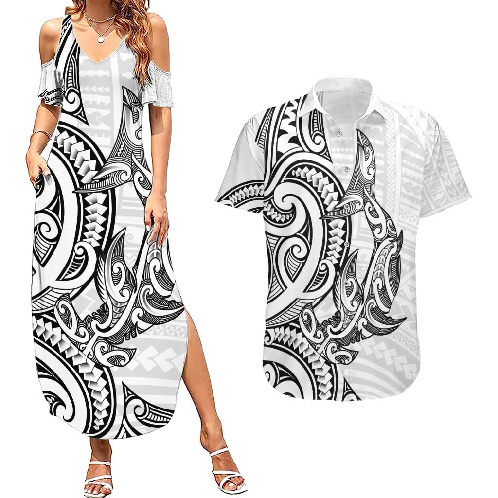 New Zealand Hammerhead Shark Couples Matching Summer Maxi Dress and Hawaiian Shirt Maori Haehae Mangopare White - Aussie Hoodie