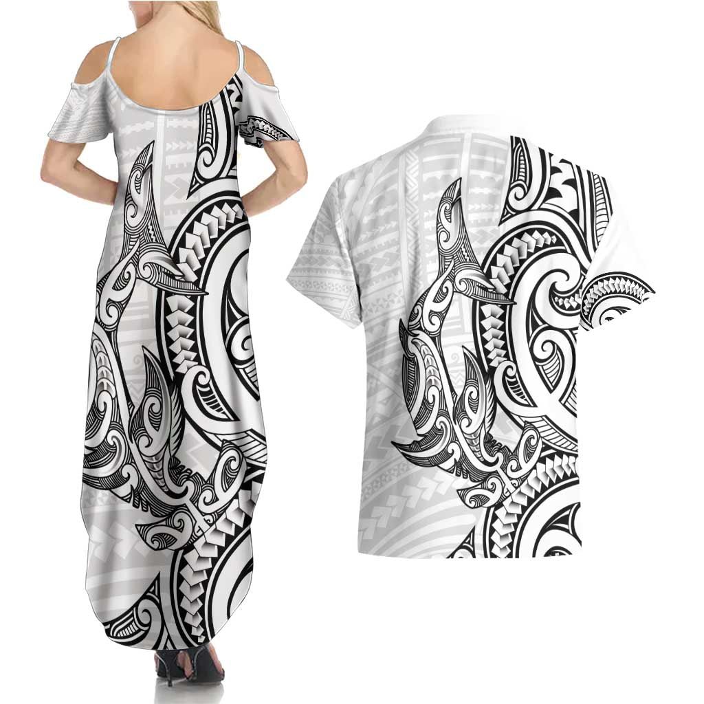 New Zealand Hammerhead Shark Couples Matching Summer Maxi Dress and Hawaiian Shirt Maori Haehae Mangopare White - Aussie Hoodie