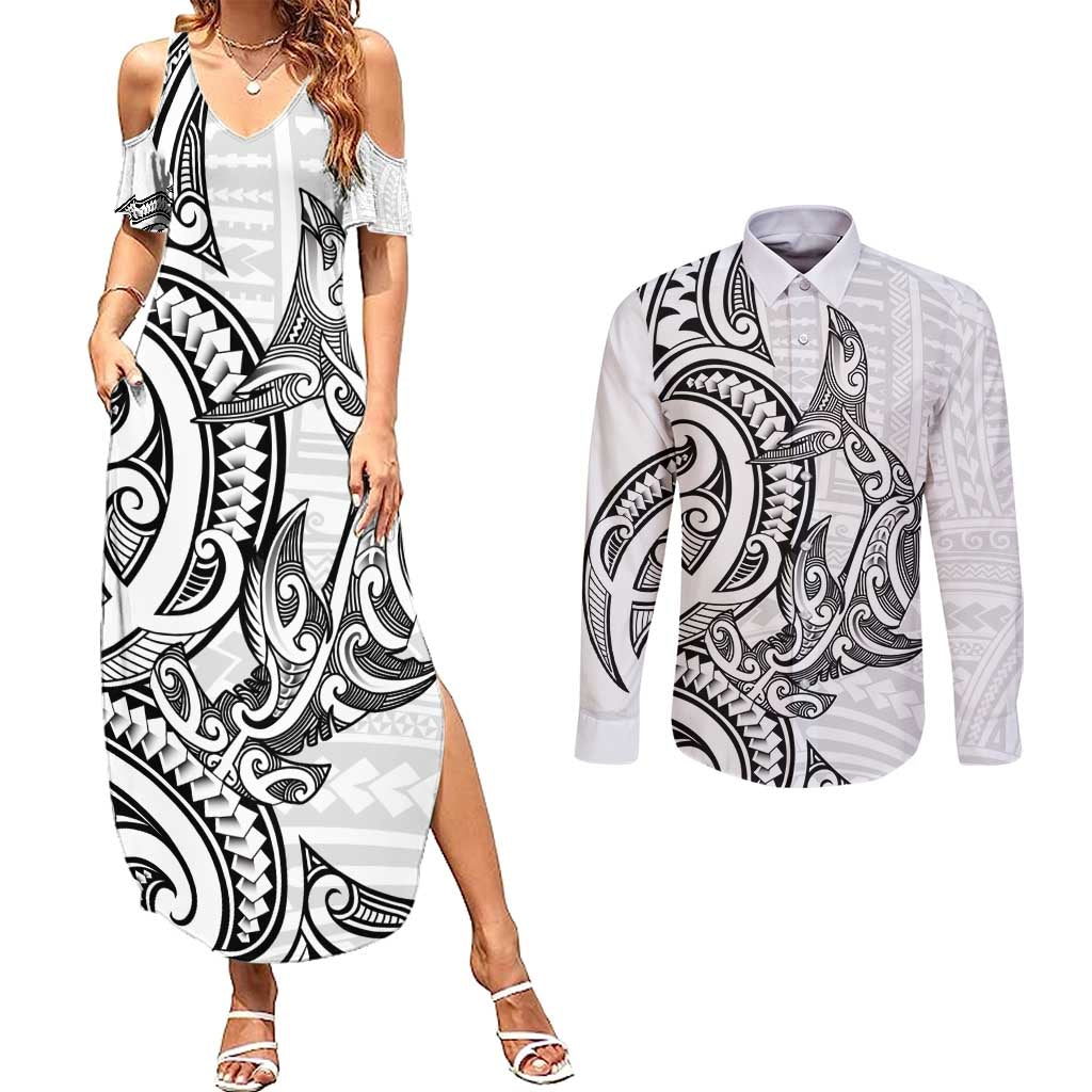 New Zealand Hammerhead Shark Couples Matching Summer Maxi Dress and Long Sleeve Button Shirt Maori Haehae Mangopare White - Aussie Hoodie