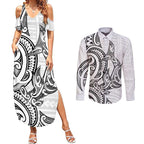 New Zealand Hammerhead Shark Couples Matching Summer Maxi Dress and Long Sleeve Button Shirt Maori Haehae Mangopare White - Aussie Hoodie