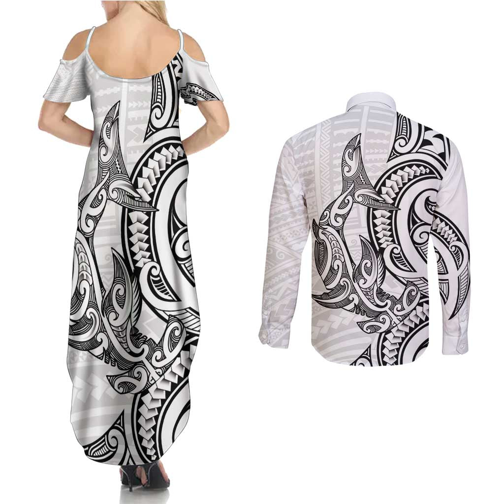 New Zealand Hammerhead Shark Couples Matching Summer Maxi Dress and Long Sleeve Button Shirt Maori Haehae Mangopare White - Aussie Hoodie