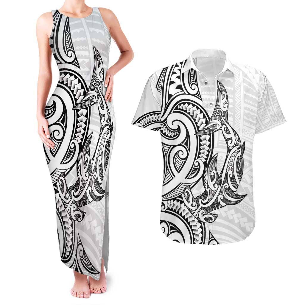 New Zealand Hammerhead Shark Couples Matching Tank Maxi Dress and Hawaiian Shirt Maori Haehae Mangopare White - Aussie Hoodie