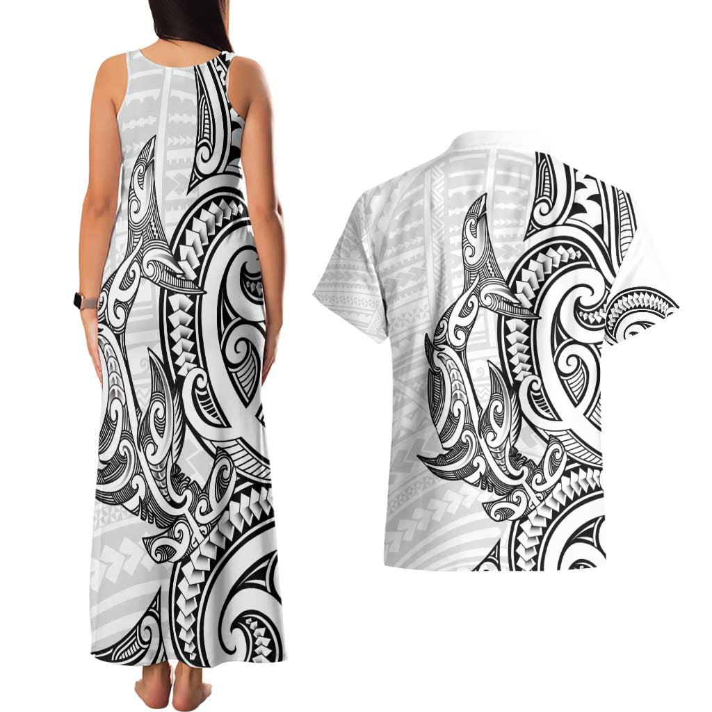 New Zealand Hammerhead Shark Couples Matching Tank Maxi Dress and Hawaiian Shirt Maori Haehae Mangopare White - Aussie Hoodie