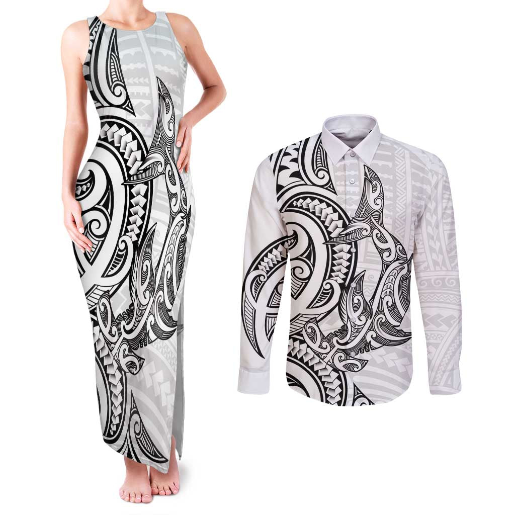 New Zealand Hammerhead Shark Couples Matching Tank Maxi Dress and Long Sleeve Button Shirt Maori Haehae Mangopare White - Aussie Hoodie