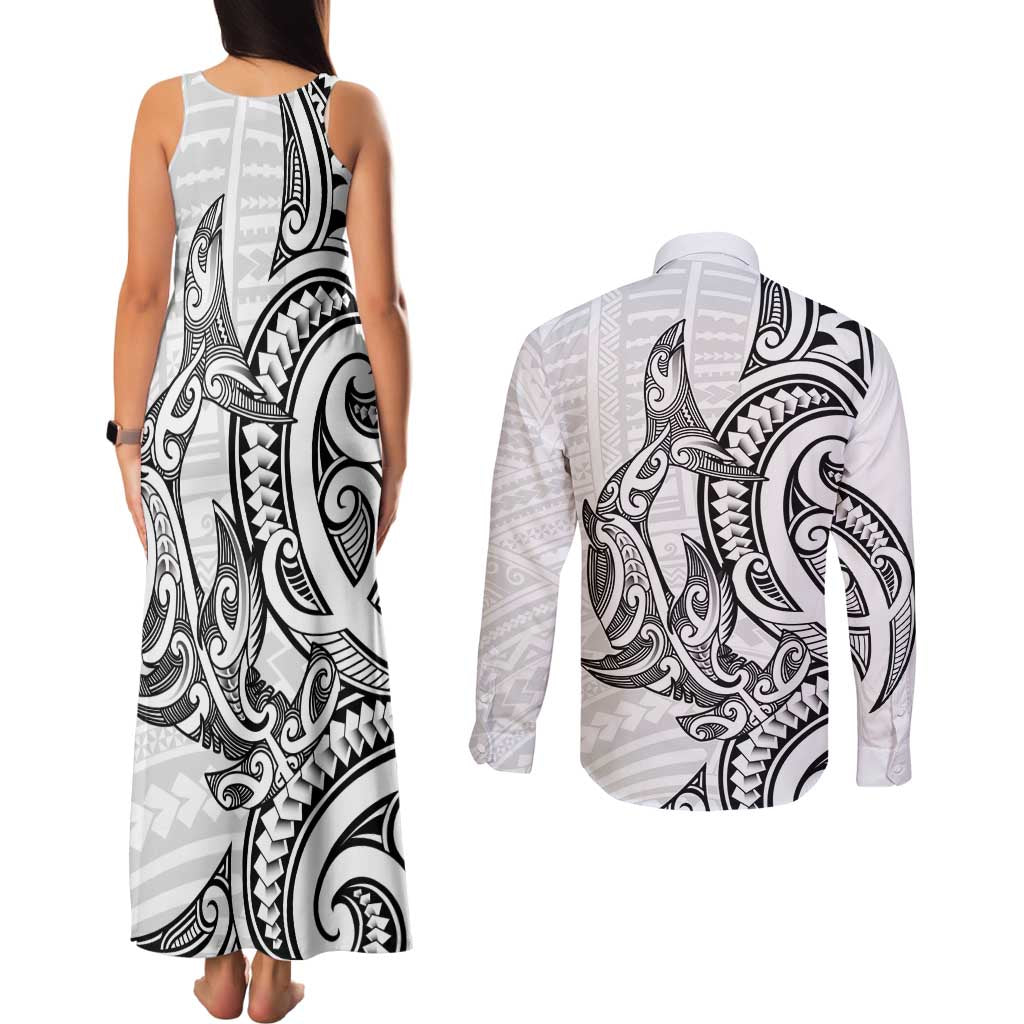 New Zealand Hammerhead Shark Couples Matching Tank Maxi Dress and Long Sleeve Button Shirt Maori Haehae Mangopare White - Aussie Hoodie