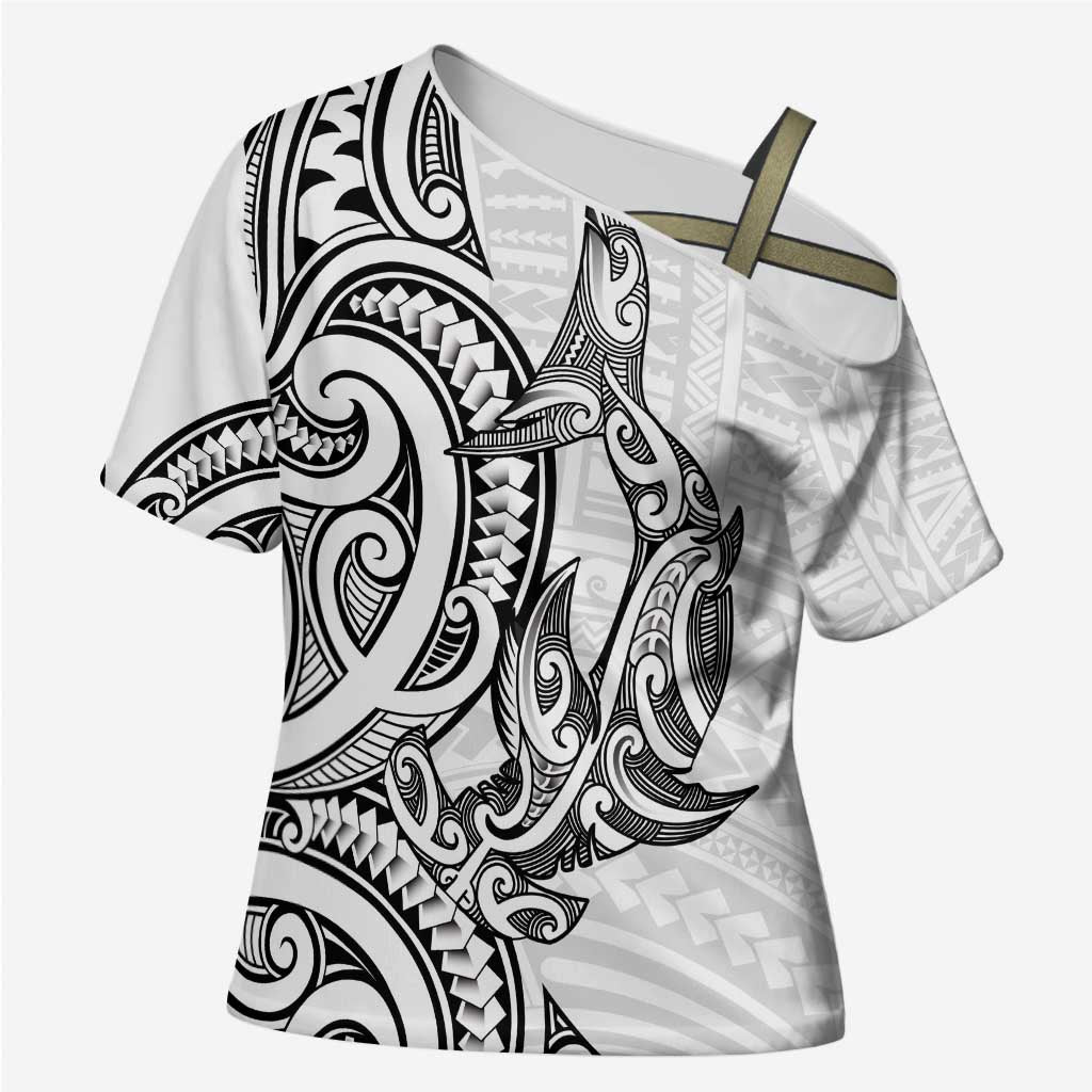 New Zealand Hammerhead Shark Cross Shoulder Shirt Maori Haehae Mangopare White - Aussie Hoodie
