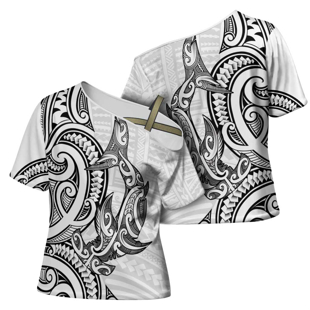 New Zealand Hammerhead Shark Cross Shoulder Shirt Maori Haehae Mangopare White - Aussie Hoodie