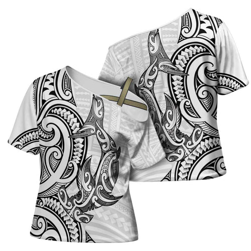 New Zealand Hammerhead Shark Cross Shoulder Shirt Maori Haehae Mangopare White - Aussie Hoodie