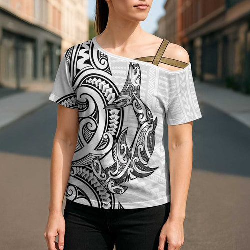 New Zealand Hammerhead Shark Cross Shoulder Shirt Maori Haehae Mangopare White - Aussie Hoodie