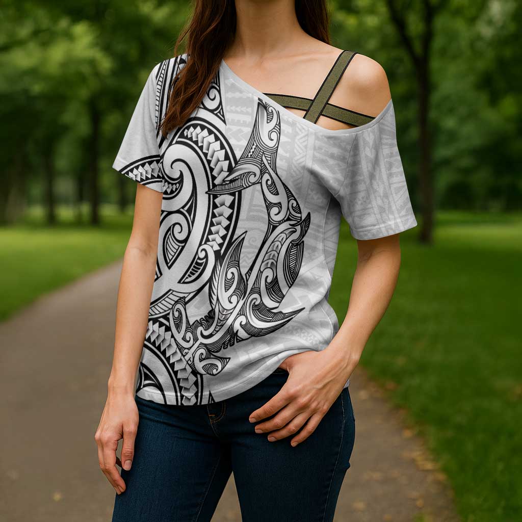 New Zealand Hammerhead Shark Cross Shoulder Shirt Maori Haehae Mangopare White - Aussie Hoodie