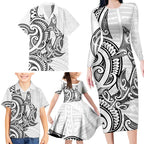 New Zealand Hammerhead Shark Family Matching Long Sleeve Bodycon Dress and Hawaiian Shirt Maori Haehae Mangopare White - Aussie Hoodie