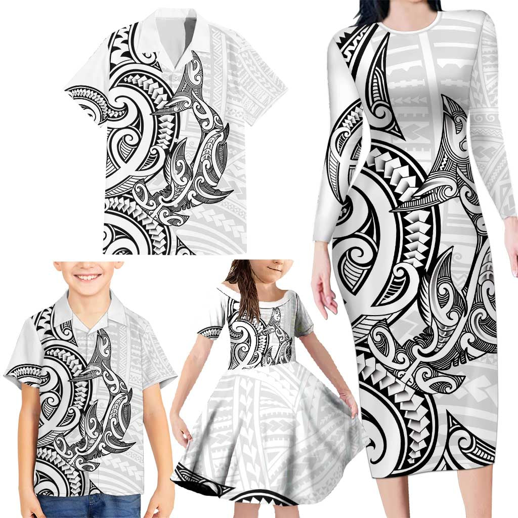 New Zealand Hammerhead Shark Family Matching Long Sleeve Bodycon Dress and Hawaiian Shirt Maori Haehae Mangopare White - Aussie Hoodie