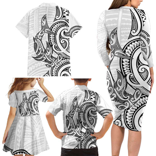 New Zealand Hammerhead Shark Family Matching Long Sleeve Bodycon Dress and Hawaiian Shirt Maori Haehae Mangopare White - Aussie Hoodie