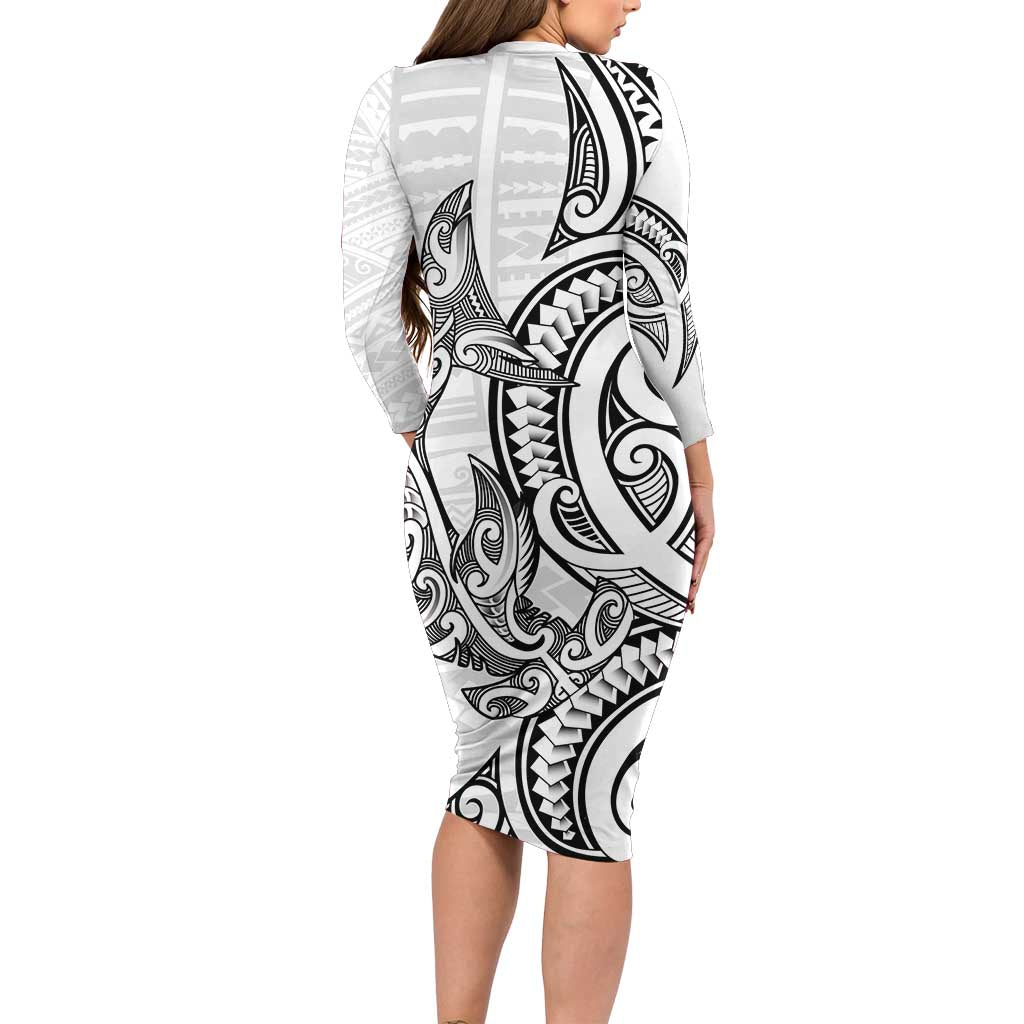 New Zealand Hammerhead Shark Family Matching Long Sleeve Bodycon Dress and Hawaiian Shirt Maori Haehae Mangopare White - Aussie Hoodie