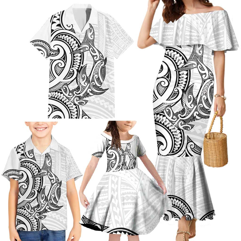 New Zealand Hammerhead Shark Family Matching Mermaid Dress and Hawaiian Shirt Maori Haehae Mangopare White - Aussie Hoodie