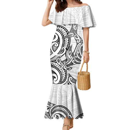 New Zealand Hammerhead Shark Family Matching Mermaid Dress and Hawaiian Shirt Maori Haehae Mangopare White - Aussie Hoodie