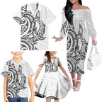 New Zealand Hammerhead Shark Family Matching Off The Shoulder Long Sleeve Dress and Hawaiian Shirt Maori Haehae Mangopare White - Aussie Hoodie