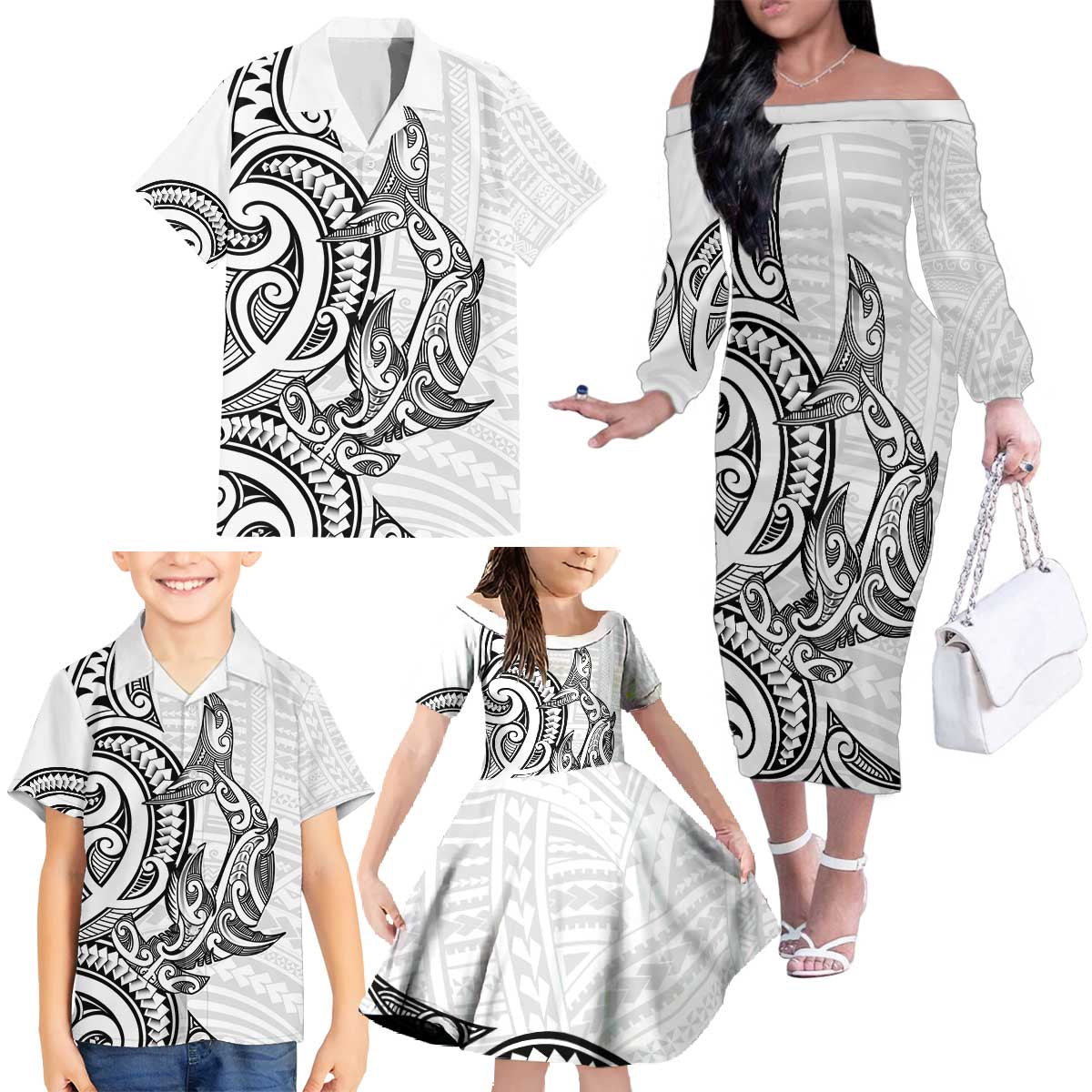 New Zealand Hammerhead Shark Family Matching Off The Shoulder Long Sleeve Dress and Hawaiian Shirt Maori Haehae Mangopare White - Aussie Hoodie
