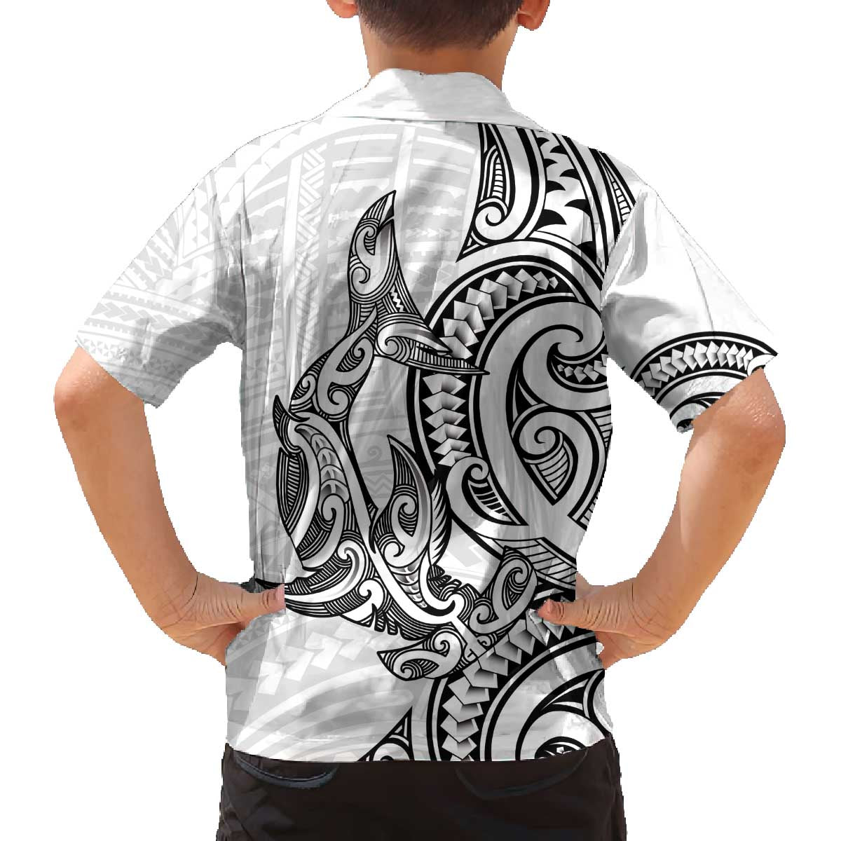 New Zealand Hammerhead Shark Family Matching Off The Shoulder Long Sleeve Dress and Hawaiian Shirt Maori Haehae Mangopare White - Aussie Hoodie