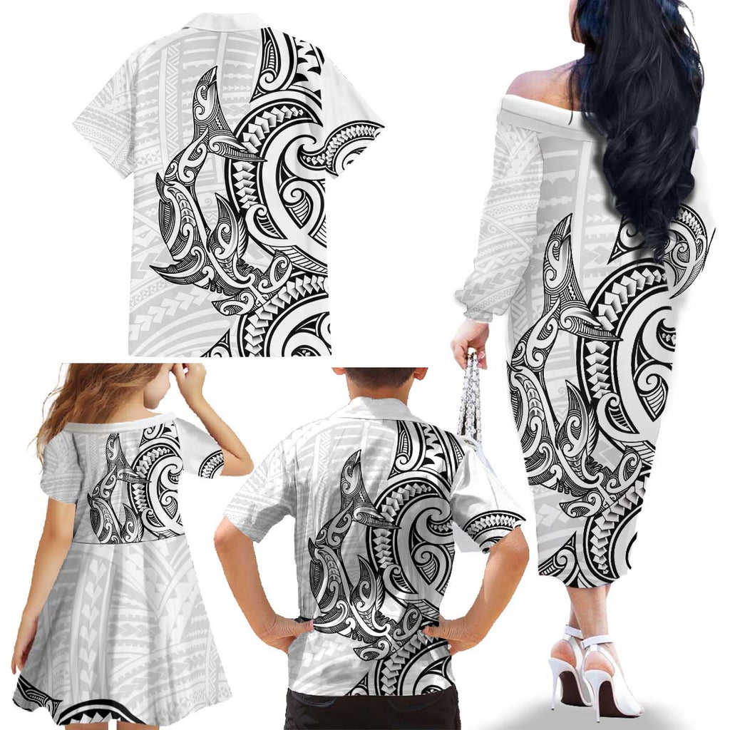 New Zealand Hammerhead Shark Family Matching Off The Shoulder Long Sleeve Dress and Hawaiian Shirt Maori Haehae Mangopare White - Aussie Hoodie